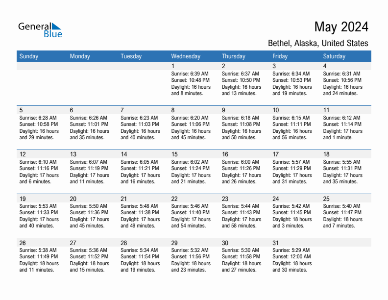 Bethel May 2024 sunrise and sunset calendar in PDF, Excel, and Word