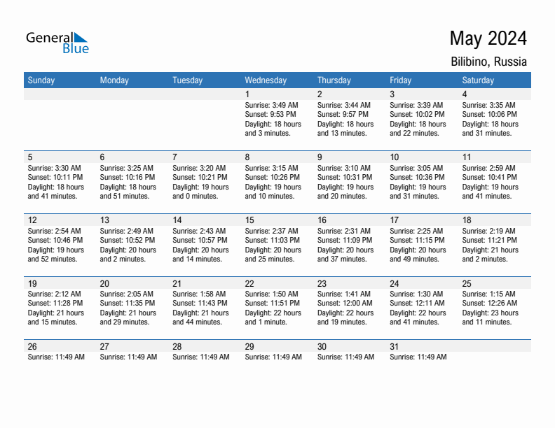 Bilibino May 2024 sunrise and sunset calendar in PDF, Excel, and Word