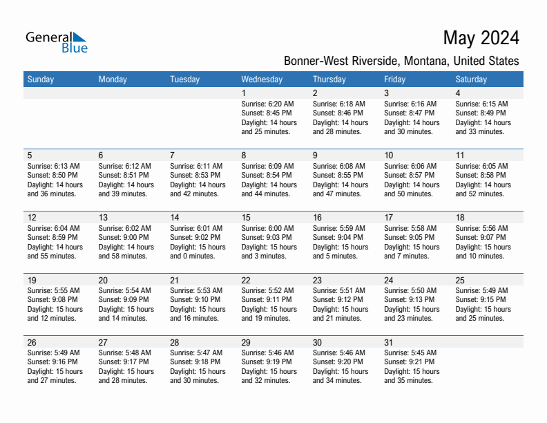 Bonner-West Riverside May 2024 sunrise and sunset calendar in PDF, Excel, and Word