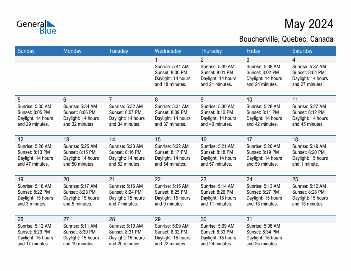May 2024 sunrise and sunset calendar for Boucherville
