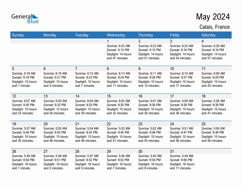 Calais May 2024 sunrise and sunset calendar in PDF, Excel, and Word