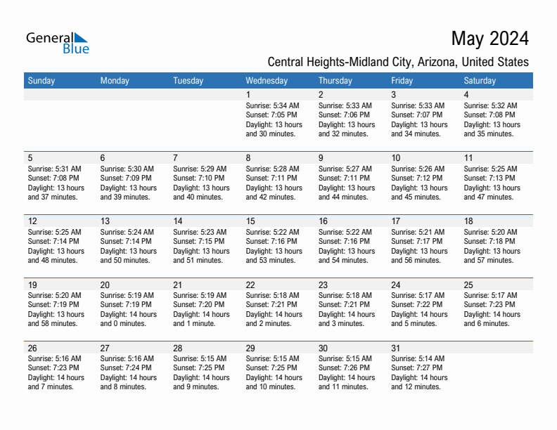 Central Heights-Midland City May 2024 sunrise and sunset calendar in PDF, Excel, and Word