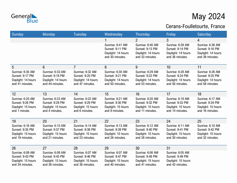 Cerans-Foulletourte May 2024 sunrise and sunset calendar in PDF, Excel, and Word