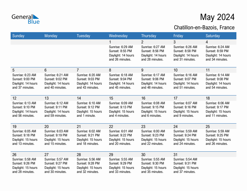 Chatillon-en-Bazois May 2024 sunrise and sunset calendar in PDF, Excel, and Word