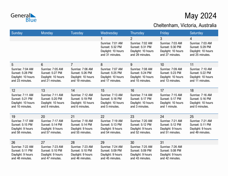 Cheltenham May 2024 sunrise and sunset calendar in PDF, Excel, and Word