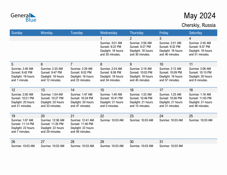 Cherskiy May 2024 sunrise and sunset calendar in PDF, Excel, and Word
