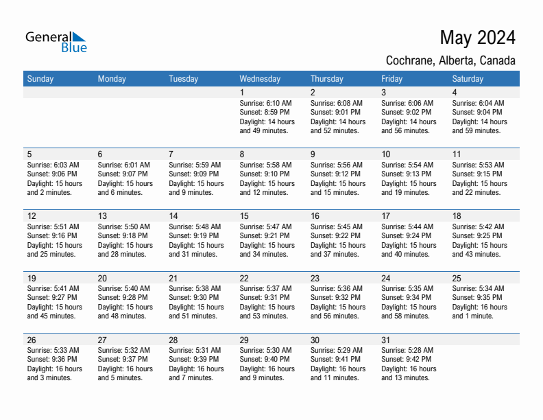 Cochrane May 2024 sunrise and sunset calendar in PDF, Excel, and Word