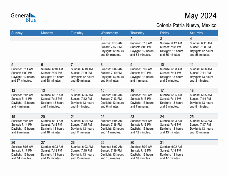 Colonia Patria Nueva May 2024 sunrise and sunset calendar in PDF, Excel, and Word