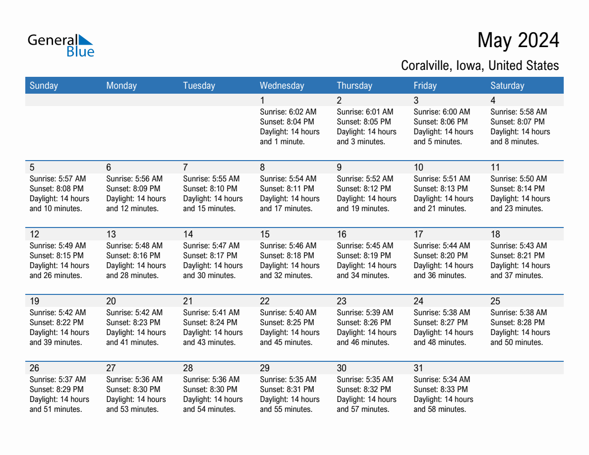 May 2024 sunrise and sunset calendar for Coralville