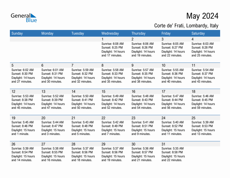 Corte de' Frati May 2024 sunrise and sunset calendar in PDF, Excel, and Word