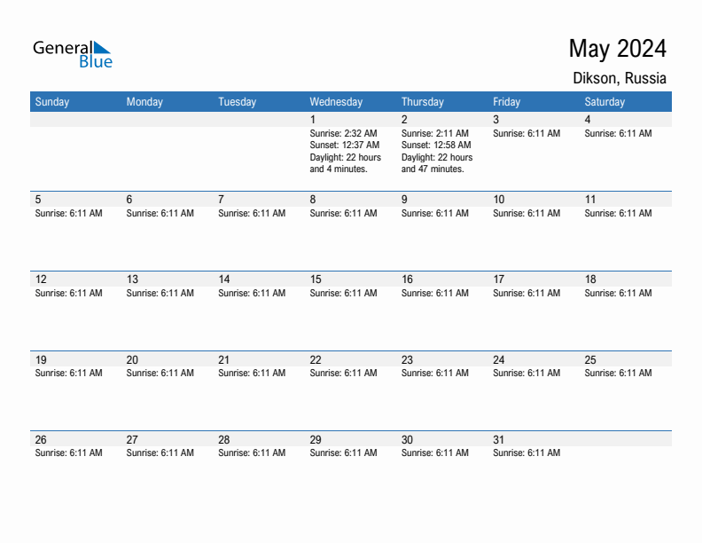 Dikson May 2024 sunrise and sunset calendar in PDF, Excel, and Word