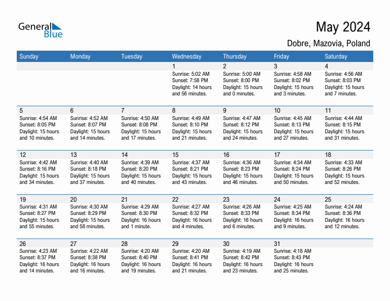 Dobre May 2024 sunrise and sunset calendar in PDF, Excel, and Word