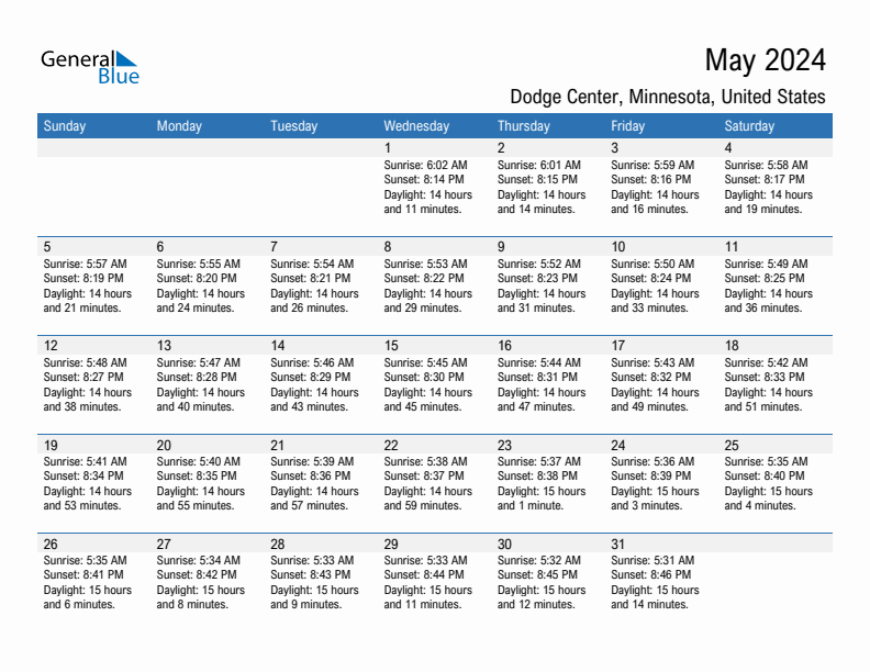 Dodge Center May 2024 sunrise and sunset calendar in PDF, Excel, and Word