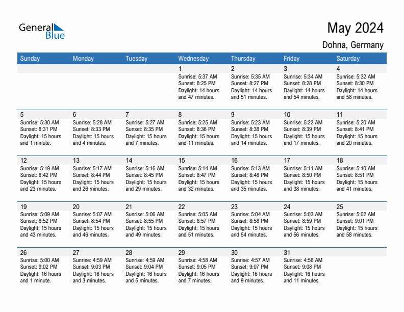 Dohna May 2024 sunrise and sunset calendar in PDF, Excel, and Word