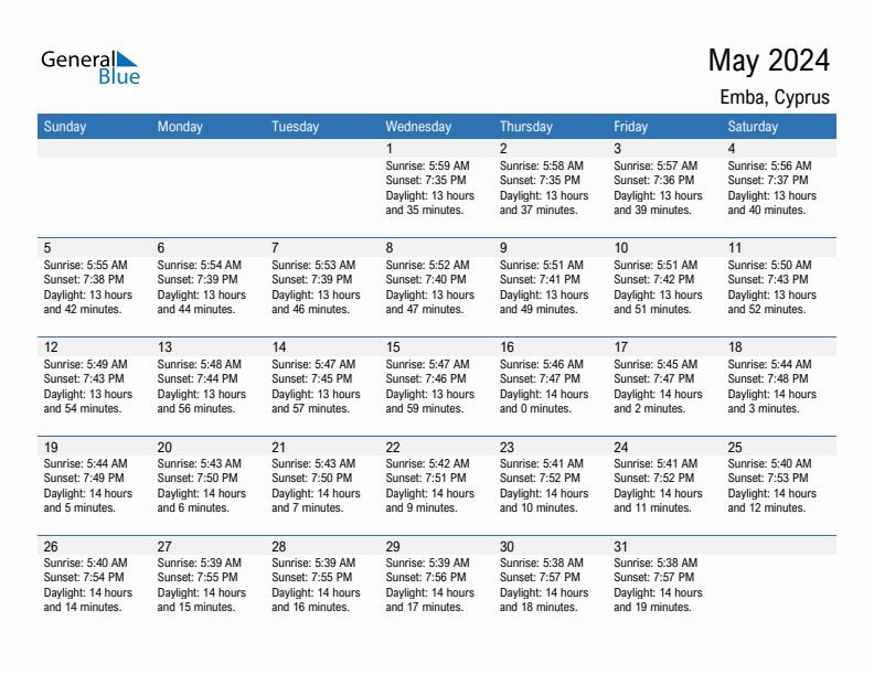 Emba May 2024 sunrise and sunset calendar in PDF, Excel, and Word