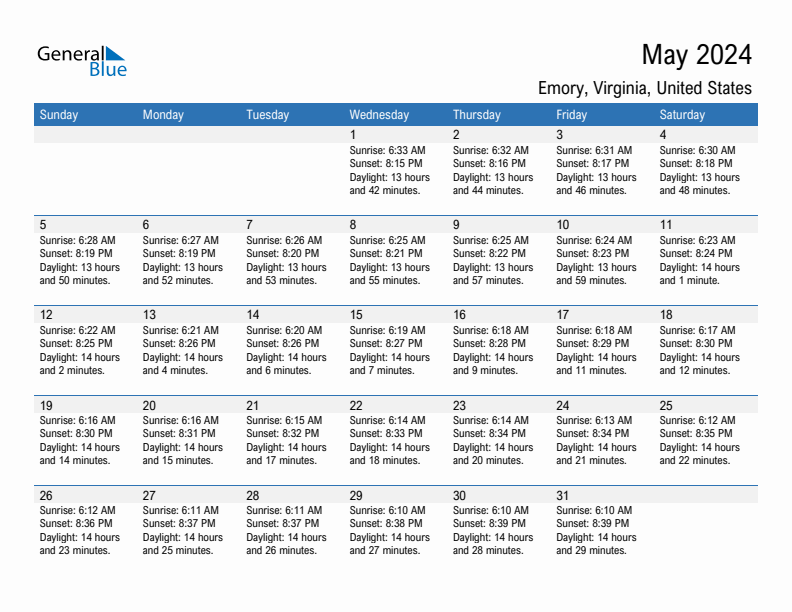 Emory May 2024 sunrise and sunset calendar in PDF, Excel, and Word