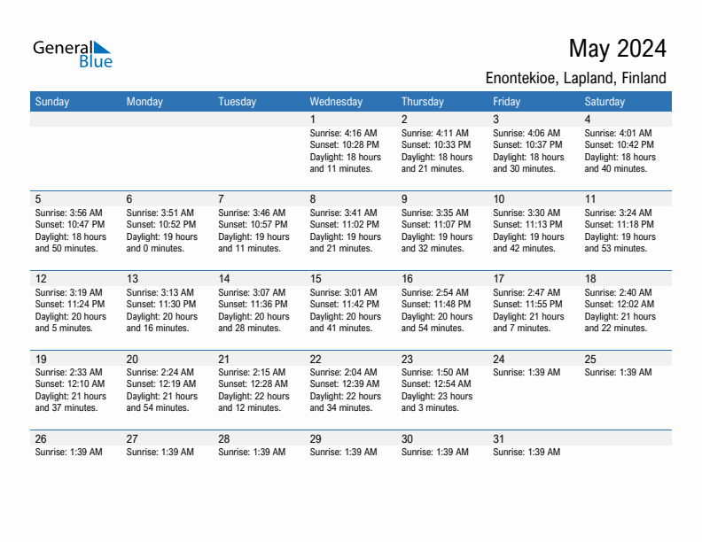 Enontekioe May 2024 sunrise and sunset calendar in PDF, Excel, and Word