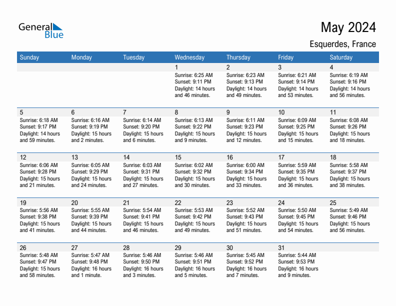 Esquerdes May 2024 sunrise and sunset calendar in PDF, Excel, and Word