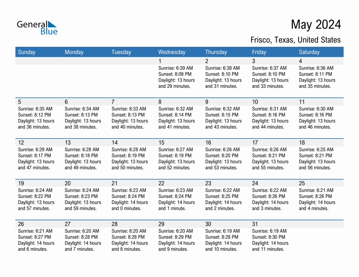 May 2024 sunrise and sunset calendar for Frisco