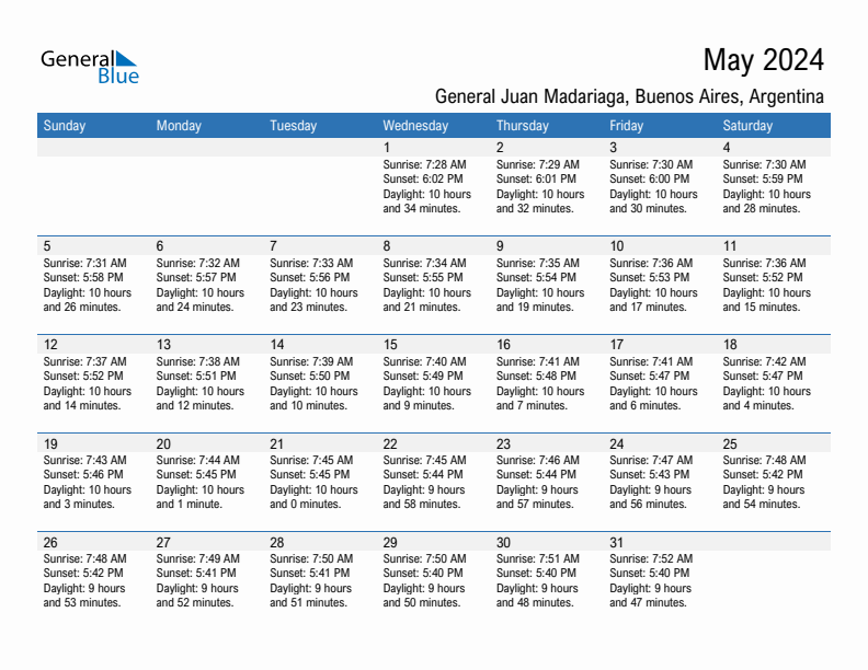 General Juan Madariaga May 2024 sunrise and sunset calendar in PDF, Excel, and Word