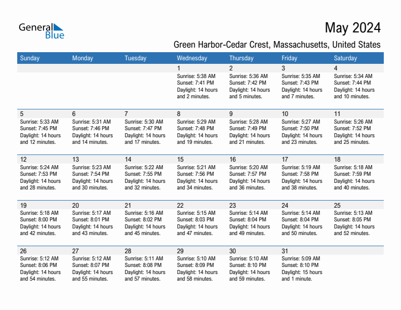 Green Harbor-Cedar Crest May 2024 sunrise and sunset calendar in PDF, Excel, and Word