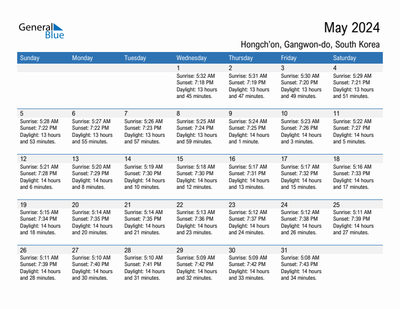 Hongch'on May 2024 sunrise and sunset calendar in PDF, Excel, and Word