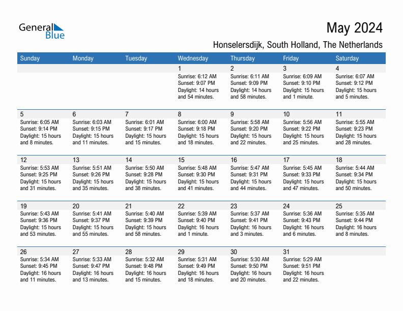 Honselersdijk May 2024 sunrise and sunset calendar in PDF, Excel, and Word