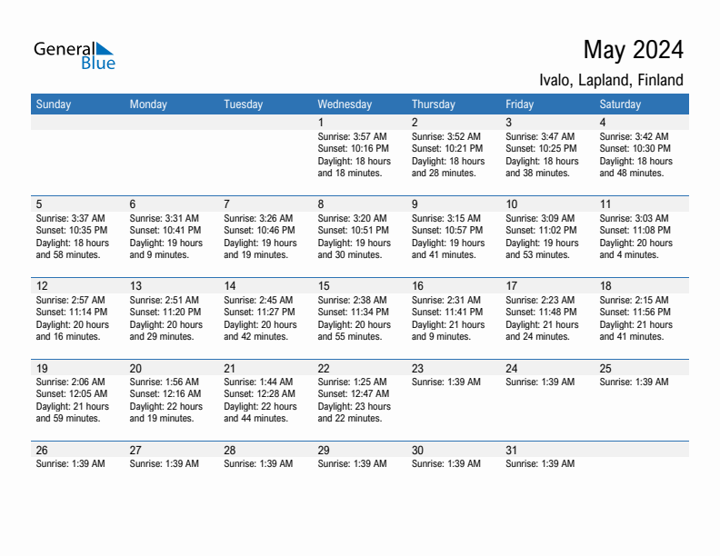 Ivalo May 2024 sunrise and sunset calendar in PDF, Excel, and Word