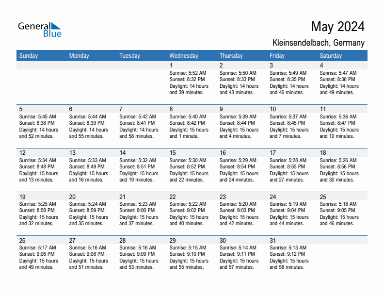 Kleinsendelbach May 2024 sunrise and sunset calendar in PDF, Excel, and Word