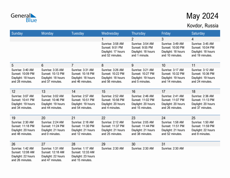 Kovdor May 2024 sunrise and sunset calendar in PDF, Excel, and Word