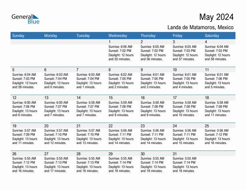 Landa de Matamoros May 2024 sunrise and sunset calendar in PDF, Excel, and Word