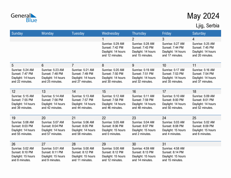 Ljig May 2024 sunrise and sunset calendar in PDF, Excel, and Word