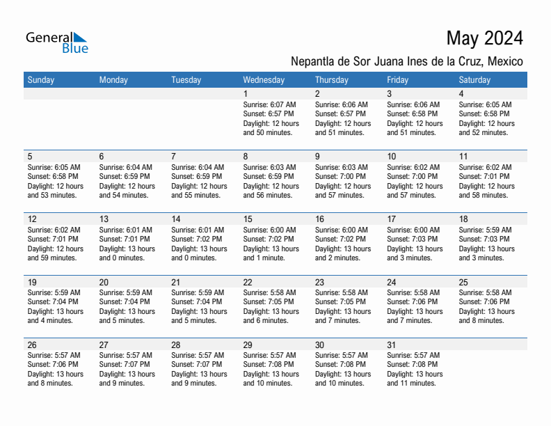 Nepantla de Sor Juana Ines de la Cruz May 2024 sunrise and sunset calendar in PDF, Excel, and Word