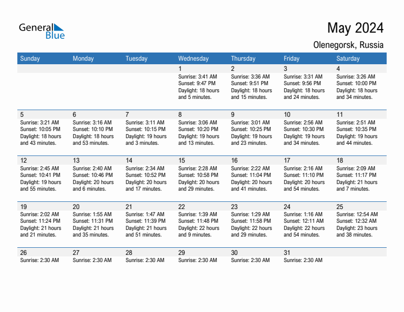 Olenegorsk May 2024 sunrise and sunset calendar in PDF, Excel, and Word