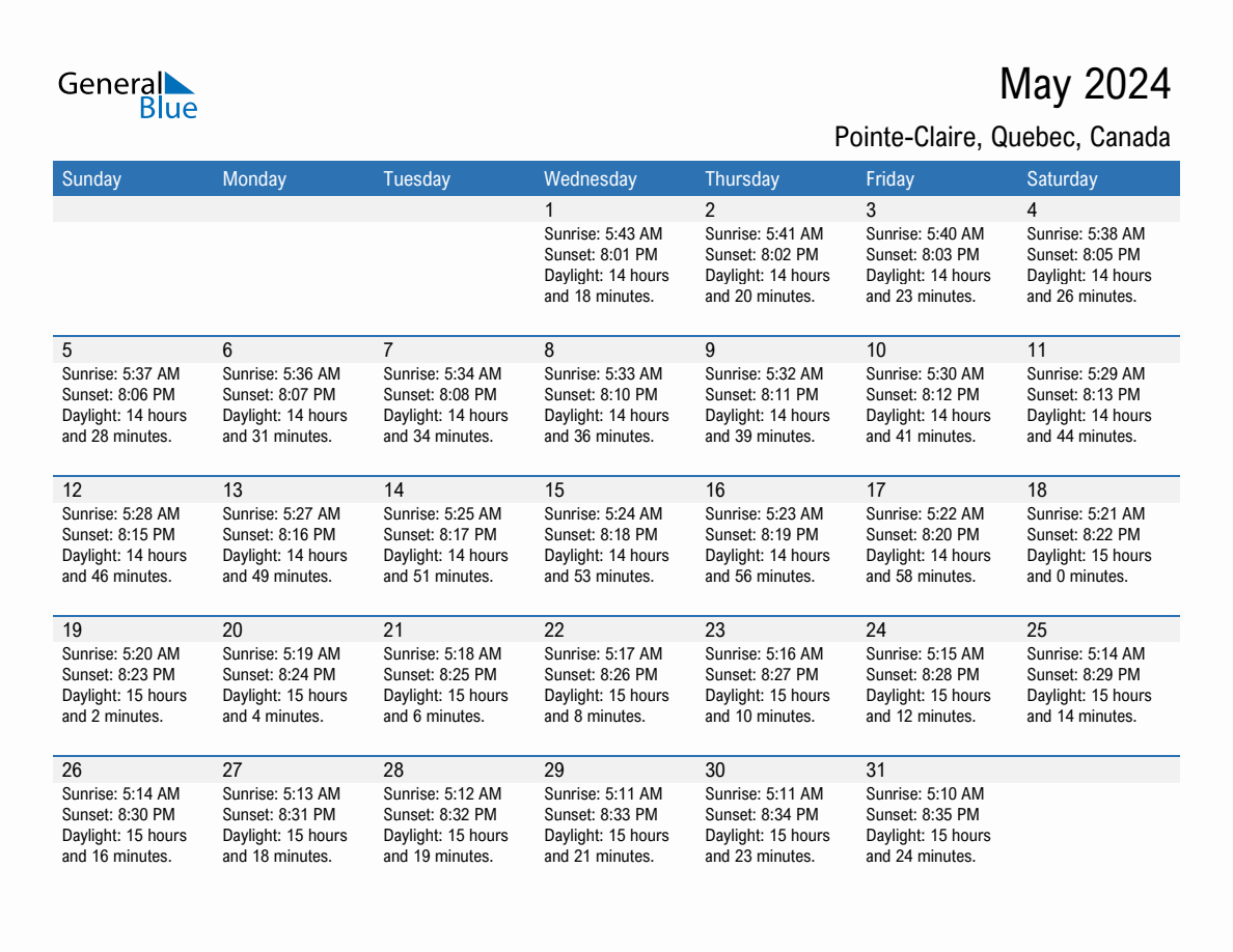 May 2024 sunrise and sunset calendar for Pointe-Claire