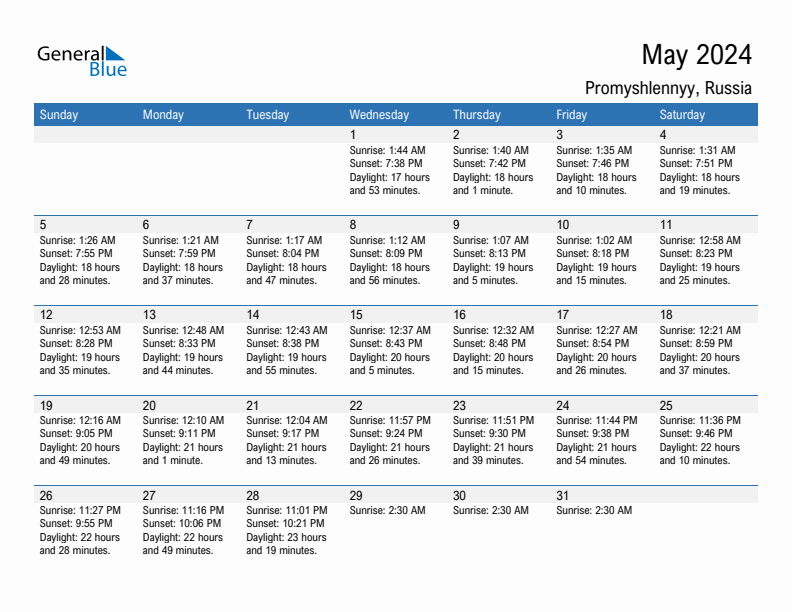 Promyshlennyy May 2024 sunrise and sunset calendar in PDF, Excel, and Word