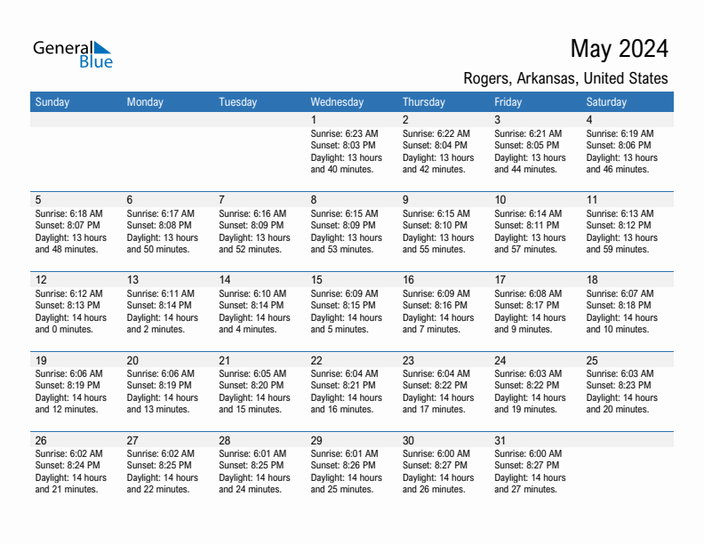 Rogers May 2024 sunrise and sunset calendar in PDF, Excel, and Word