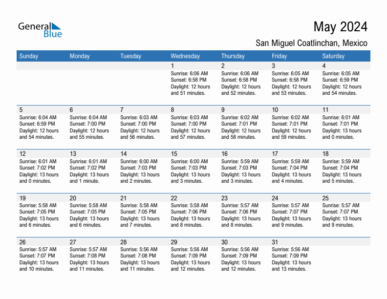 San Miguel Coatlinchan May 2024 sunrise and sunset calendar in PDF, Excel, and Word