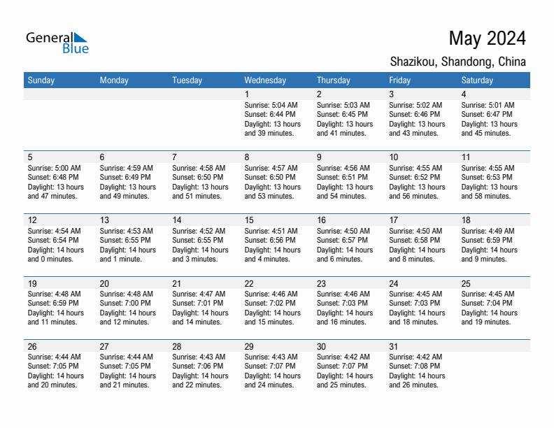 Shazikou May 2024 sunrise and sunset calendar in PDF, Excel, and Word