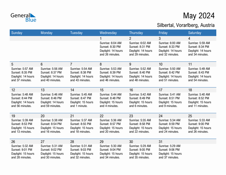 Silbertal May 2024 sunrise and sunset calendar in PDF, Excel, and Word