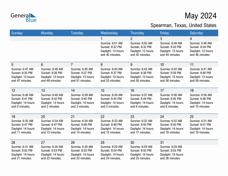 Spearman May 2024 sunrise and sunset calendar in PDF, Excel, and Word