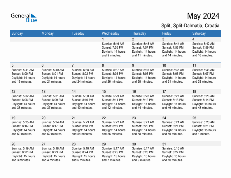 Split May 2024 sunrise and sunset calendar in PDF, Excel, and Word
