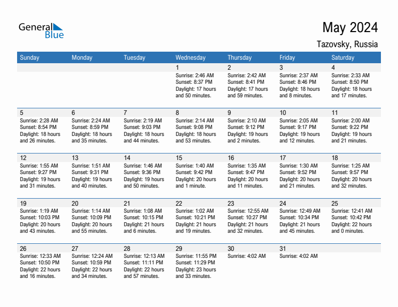 Tazovsky May 2024 sunrise and sunset calendar in PDF, Excel, and Word