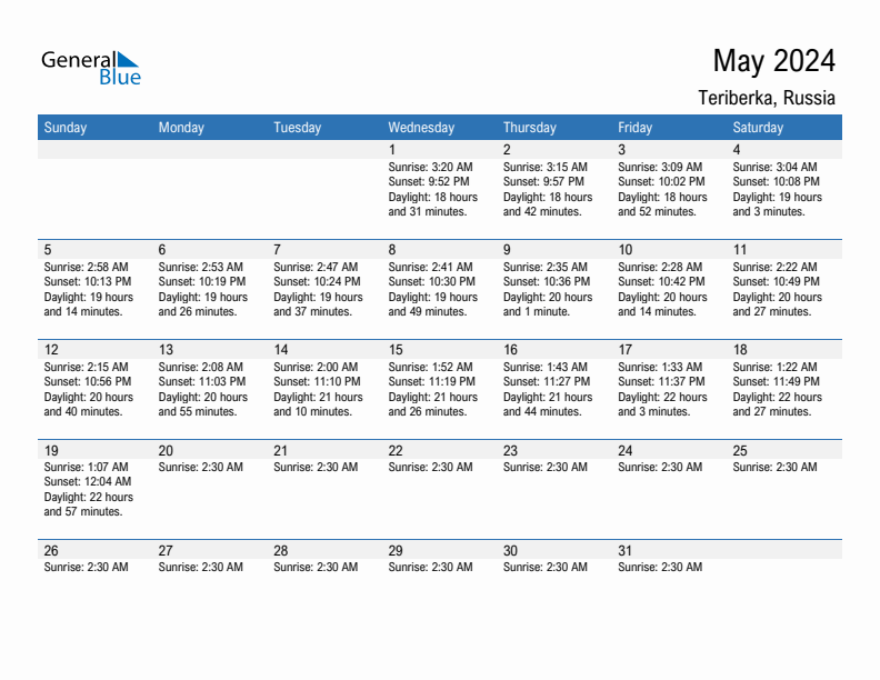 Teriberka May 2024 sunrise and sunset calendar in PDF, Excel, and Word