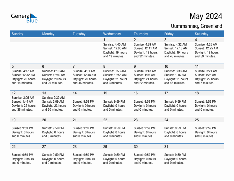 Uummannaq May 2024 sunrise and sunset calendar in PDF, Excel, and Word