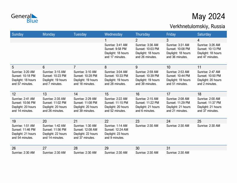 Verkhnetulomskiy May 2024 sunrise and sunset calendar in PDF, Excel, and Word