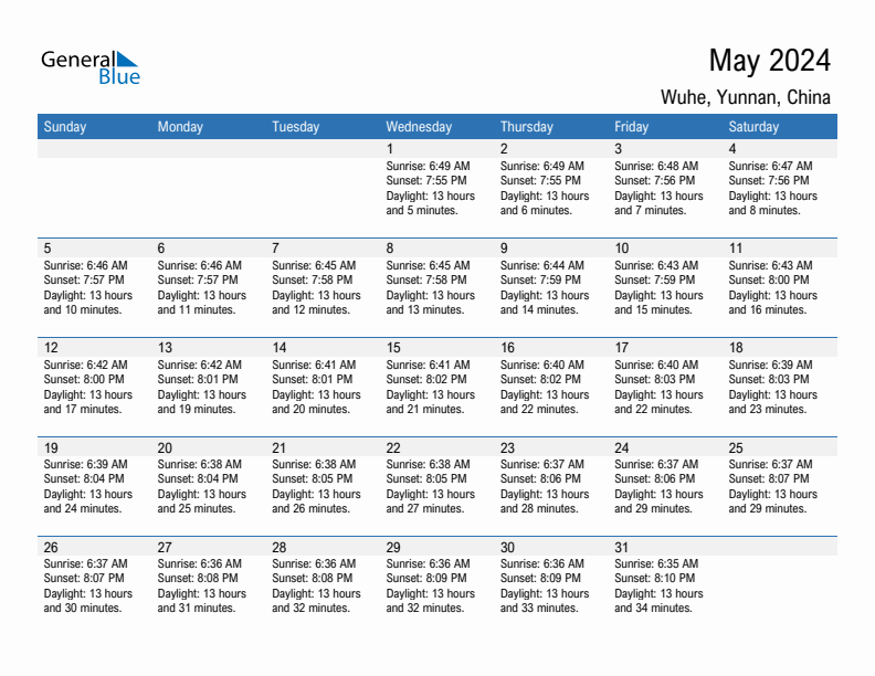 Wuhe May 2024 sunrise and sunset calendar in PDF, Excel, and Word