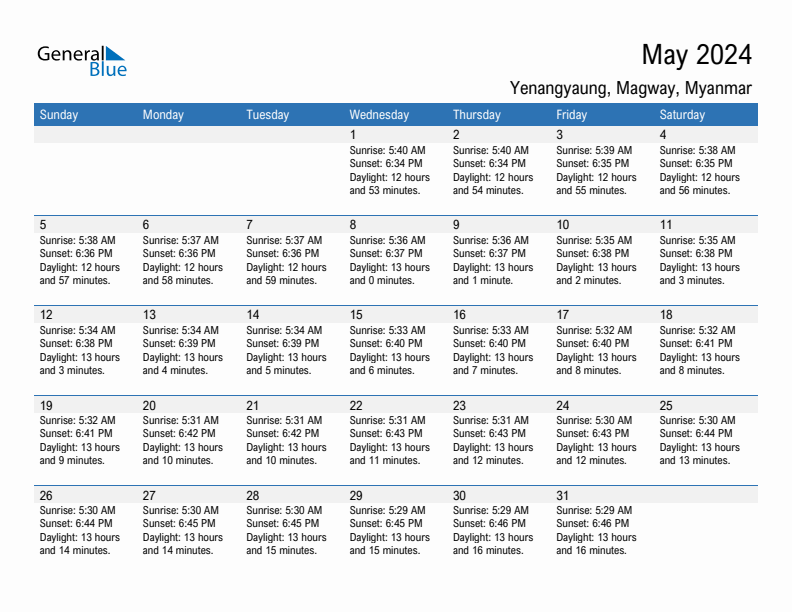 Yenangyaung May 2024 sunrise and sunset calendar in PDF, Excel, and Word