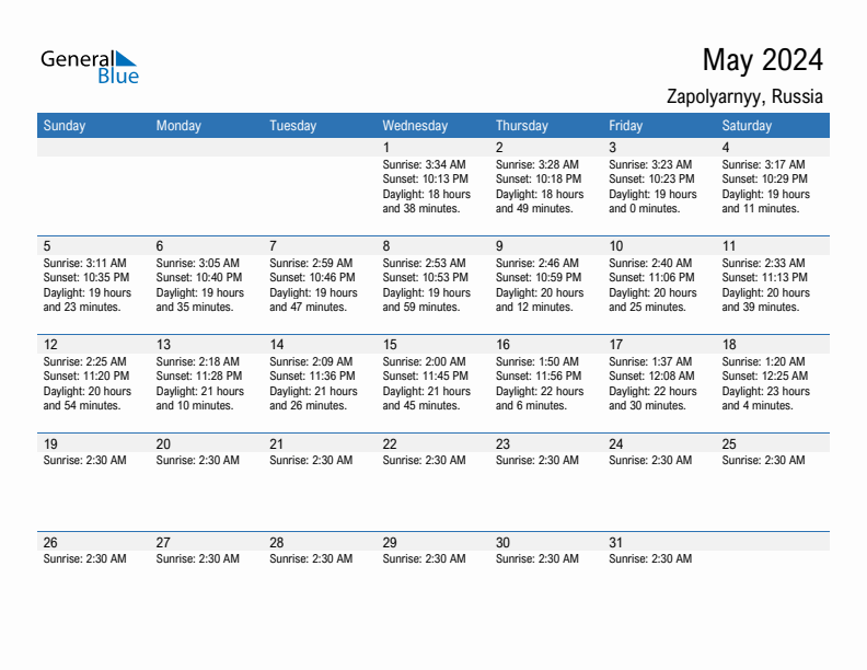 Zapolyarnyy May 2024 sunrise and sunset calendar in PDF, Excel, and Word