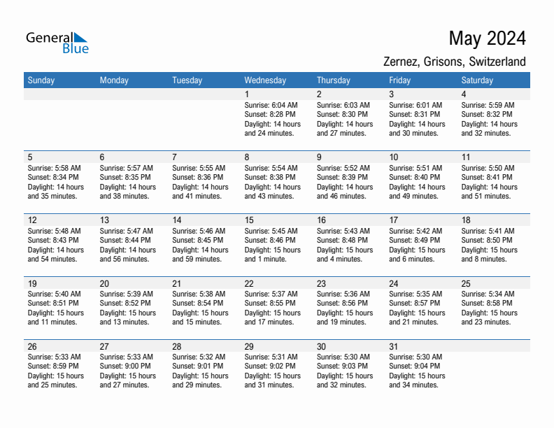 Zernez May 2024 sunrise and sunset calendar in PDF, Excel, and Word